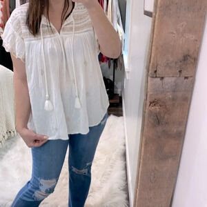 Rachel Zoe boho embroidered linen top with tassels size large